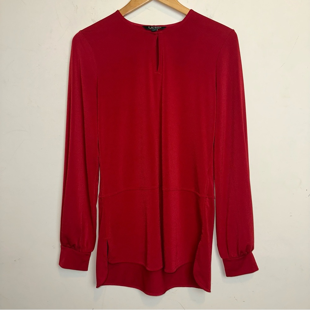 Lauren Ralph Lauren Size M Keyhole Casual Stretch Top Red Long Sleeve Blouse Y2K